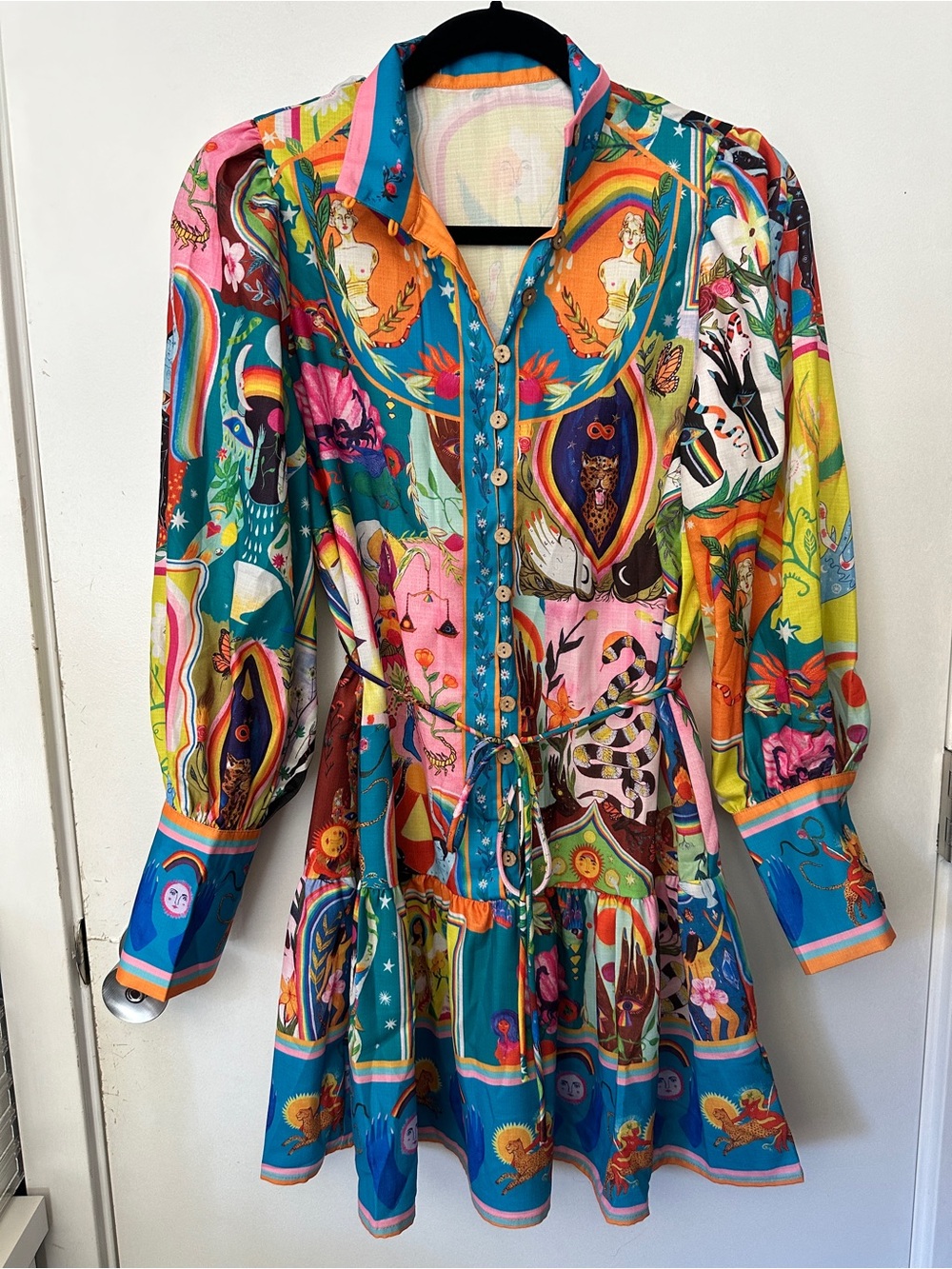 Vibrant Multicolor Long-Sleeve Button-Front Dress with Tie Waist